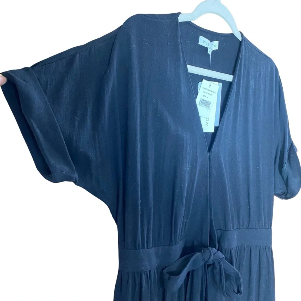 WILLOW Anthropologie Womens Wrap Dress Midi Black short Sleeve Size M Linen NEW - Picture 5 of 15